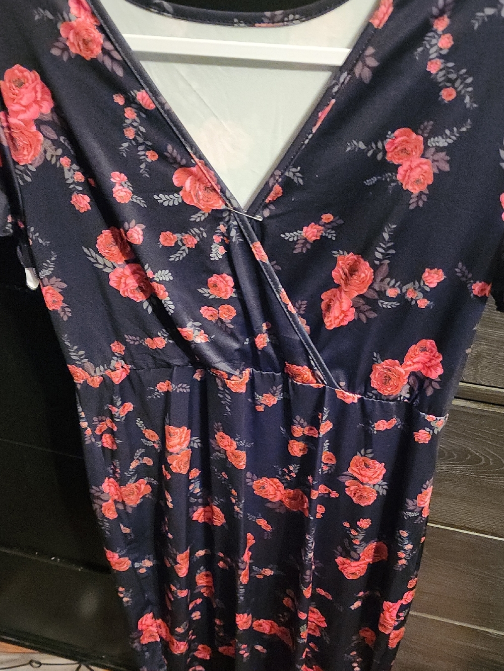 Black Floral Wrap-Style Dress with Coral Roses